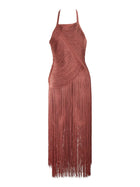 Halter Neck Sleeveless Fitted Fringed Wrap Dress