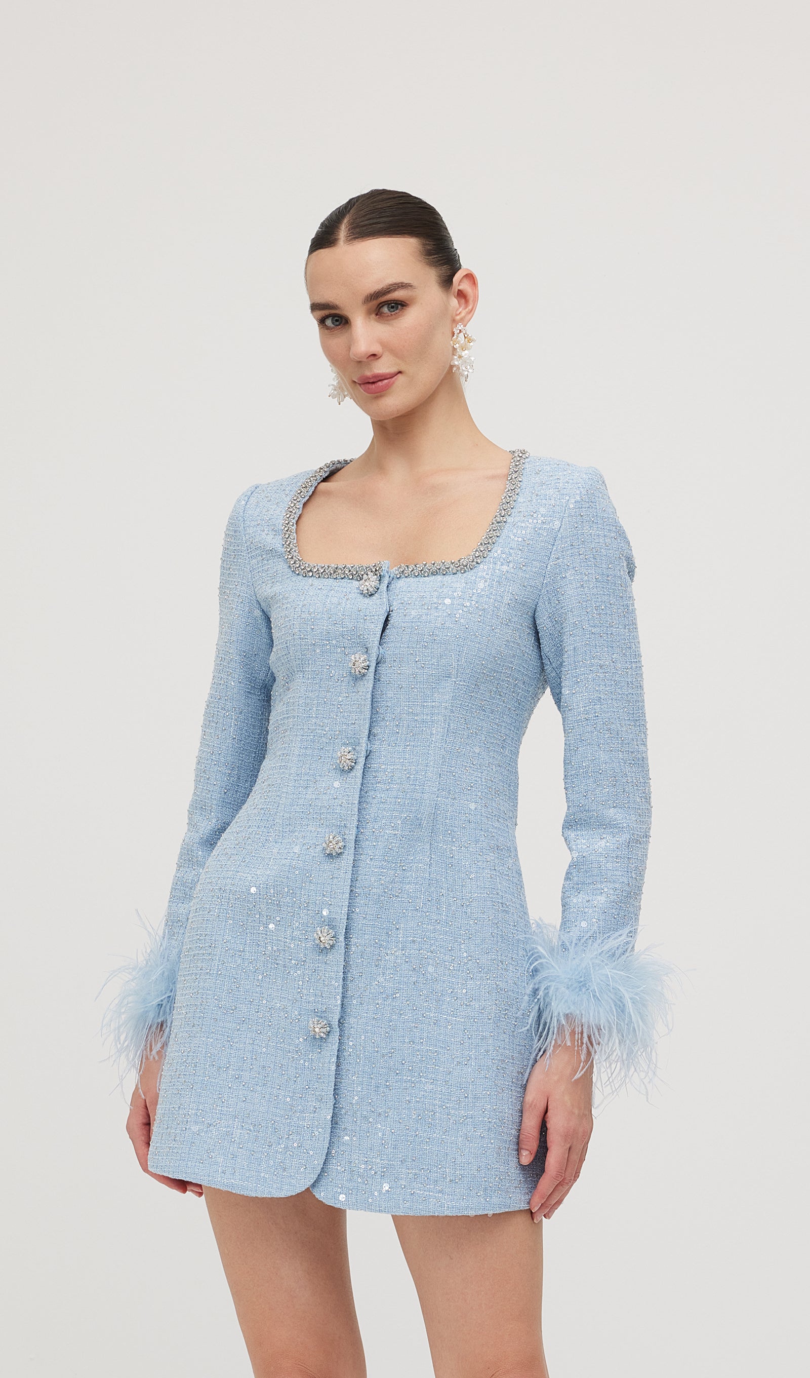 Sequin Boucle Feather Mini Dress
