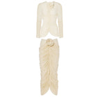 Floral-appliqué ruched skirt set in beige