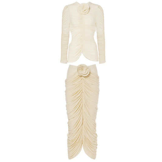 Floral-appliqué ruched skirt set in beige