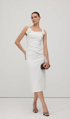 Solid Flower Sleeveless Midi Dress