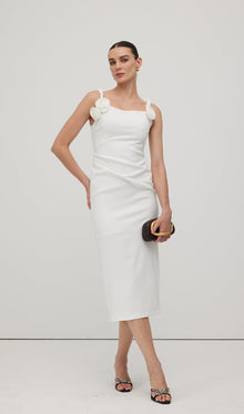 Solid Flower Sleeveless Midi Dress