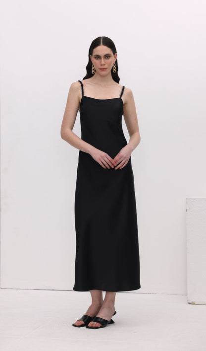Solid Sequined Slip Midi Dress Black