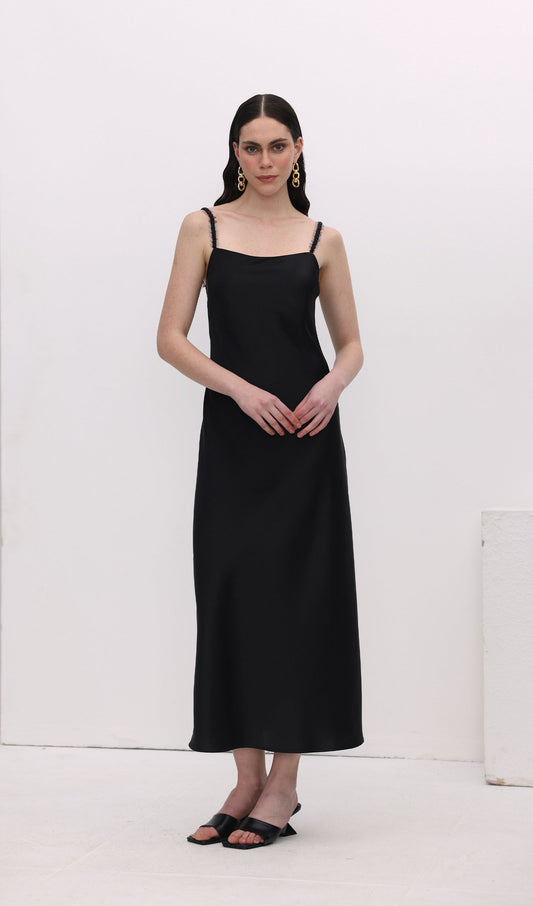 Solid Sequined Slip Midi Dress Black