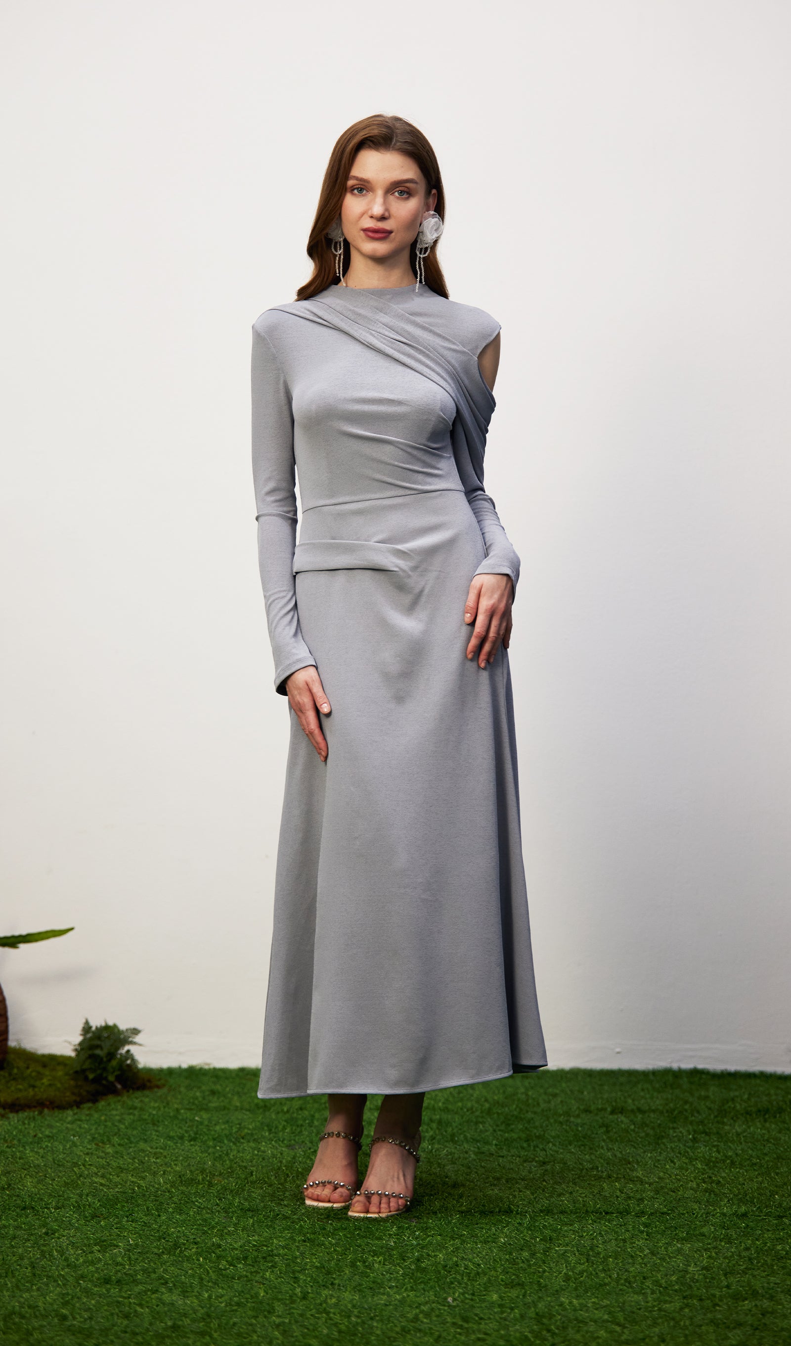 Solid Fitted Draped Maxi Dress