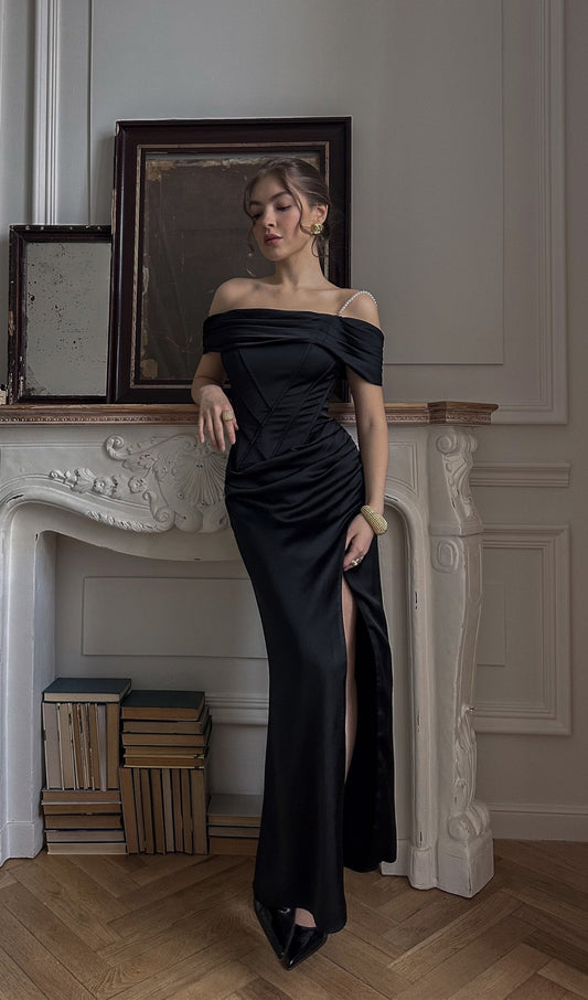 Satin Off Shoulder Diagonal Boning Maxi Dress
