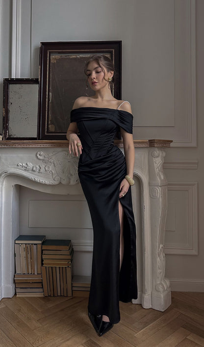 Satin Off Shoulder Diagonal Boning Maxi Dress