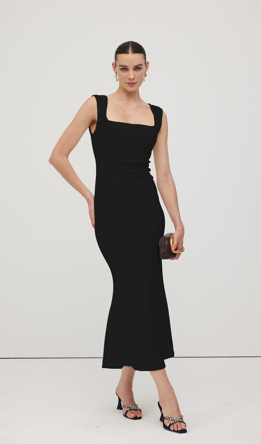 Square Neck Crepe Midi Dress