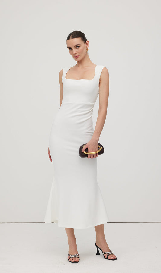 Square Neck Crepe Midi Dress