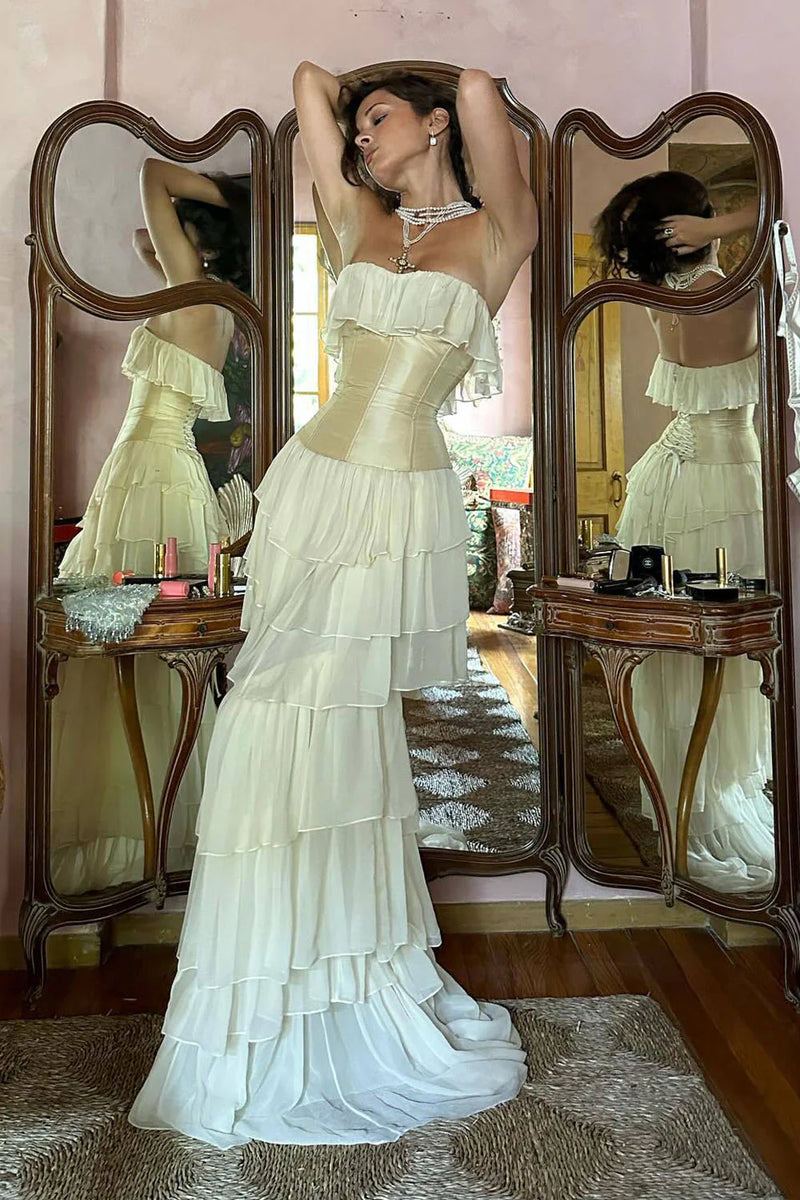 Corset Top Strapless Sheer Tulle Tiered Maxi Dress Set