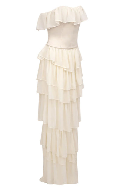 Corset Top Strapless Sheer Tulle Tiered Maxi Dress Set