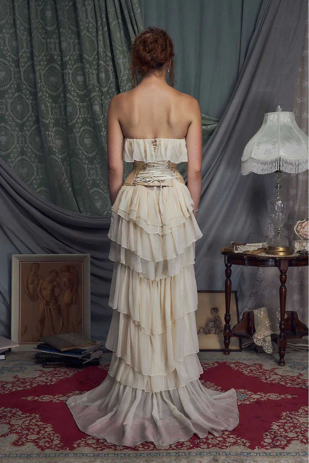 Corset Top Strapless Sheer Tulle Tiered Maxi Dress Set