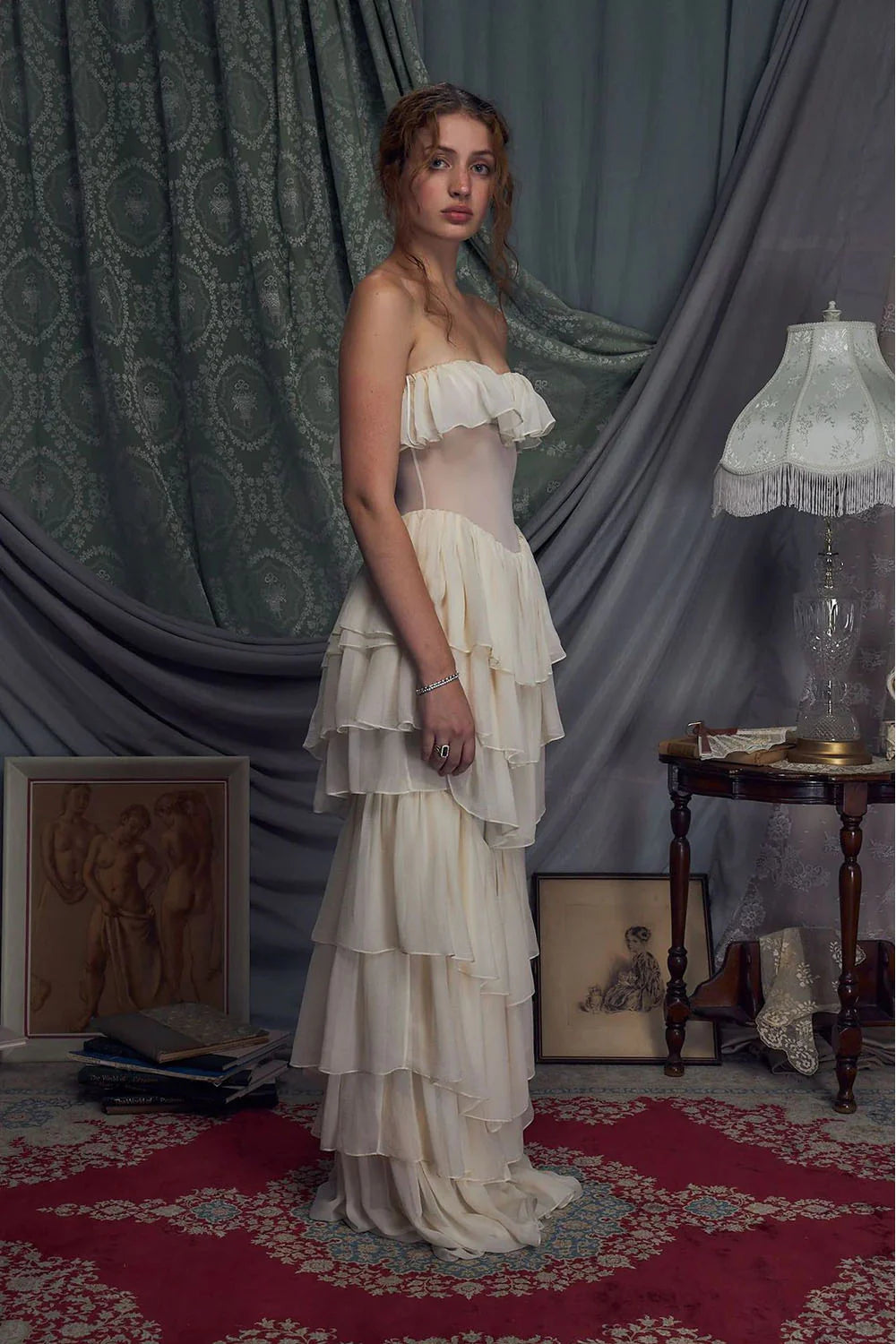 Corset Top Strapless Sheer Tulle Tiered Maxi Dress Set