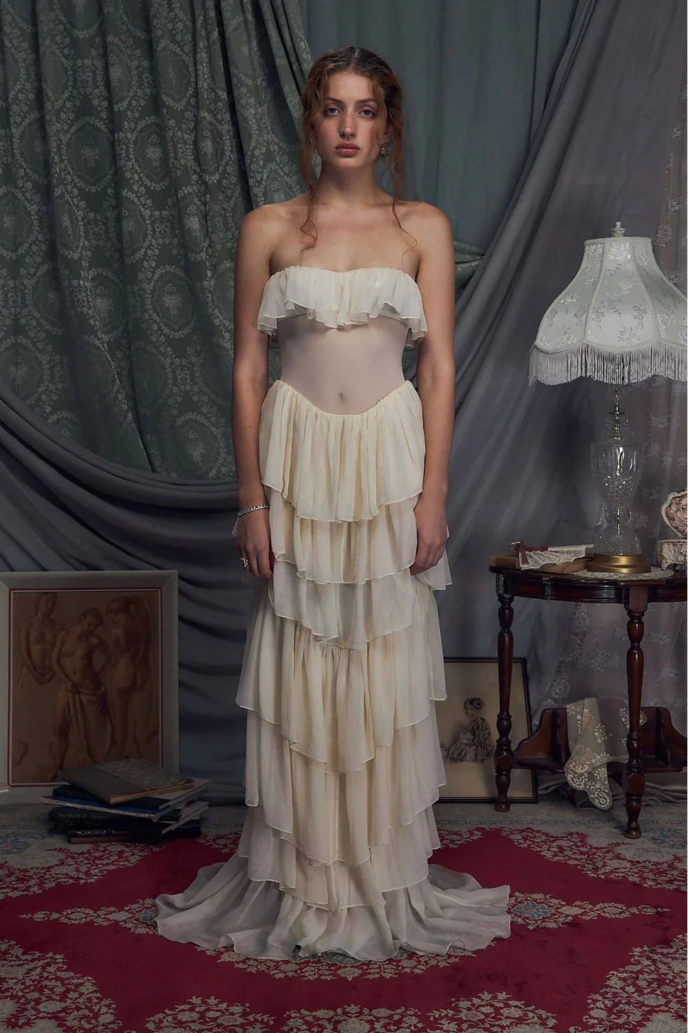 Corset Top Strapless Sheer Tulle Tiered Maxi Dress Set