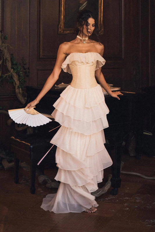 Corset Top Strapless Sheer Tulle Tiered Maxi Dress Set