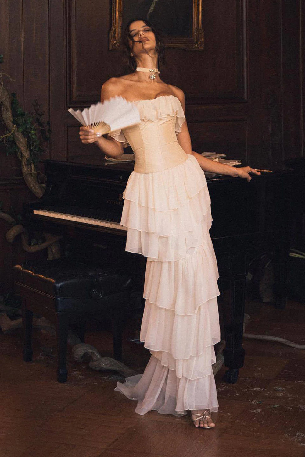 Corset Top Strapless Sheer Tulle Tiered Maxi Dress Set