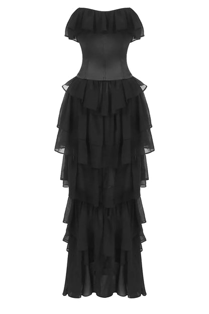 Corset Top Strapless Sheer Tulle Tiered Maxi Dress Set