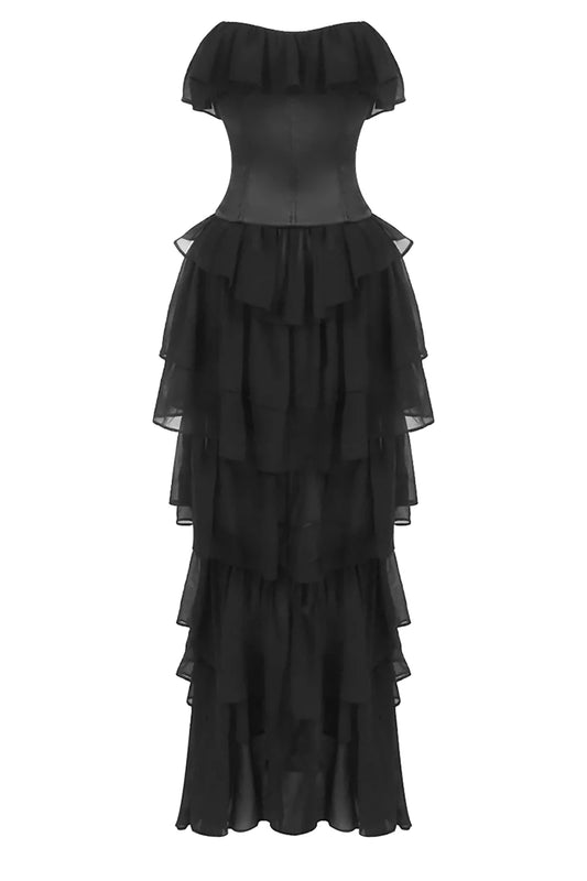 Corset Top Strapless Sheer Tulle Tiered Maxi Dress Set
