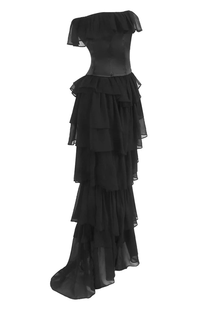Corset Top Strapless Sheer Tulle Tiered Maxi Dress Set