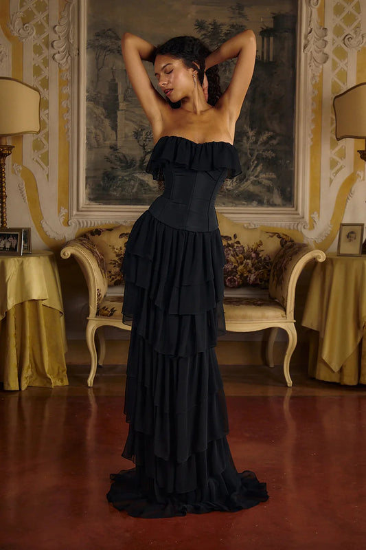 Corset Top Strapless Sheer Tulle Tiered Maxi Dress Set