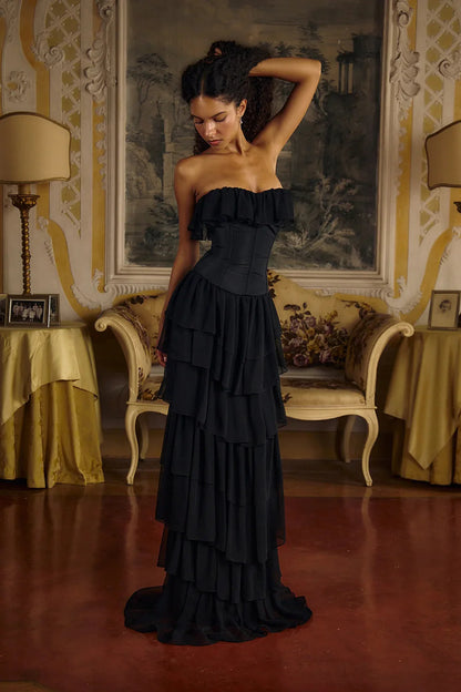 Corset Top Strapless Sheer Tulle Tiered Maxi Dress Set