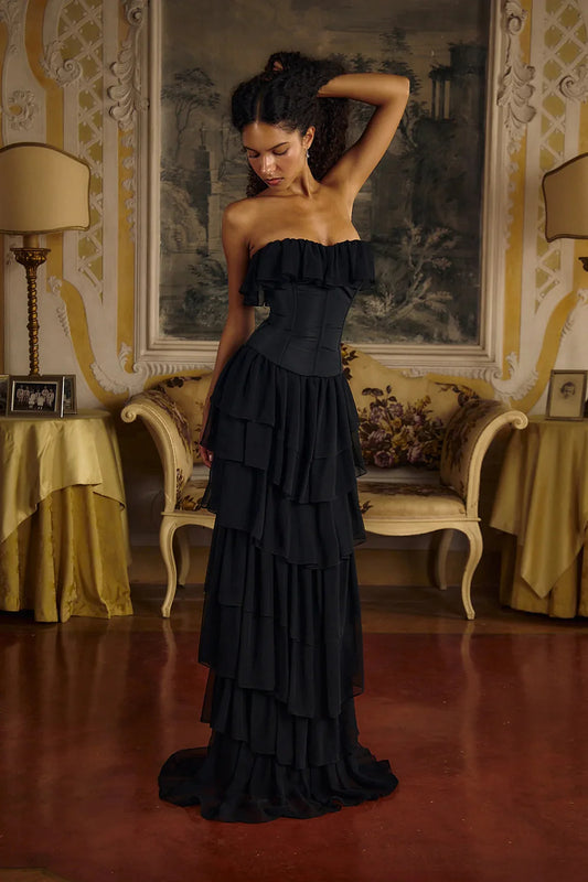 Corset Top Strapless Sheer Tulle Tiered Maxi Dress Set