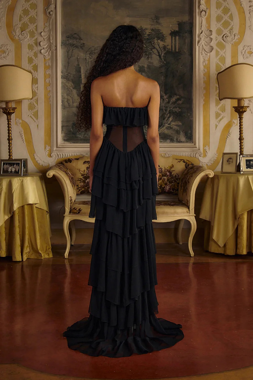 Corset Top Strapless Sheer Tulle Tiered Maxi Dress Set