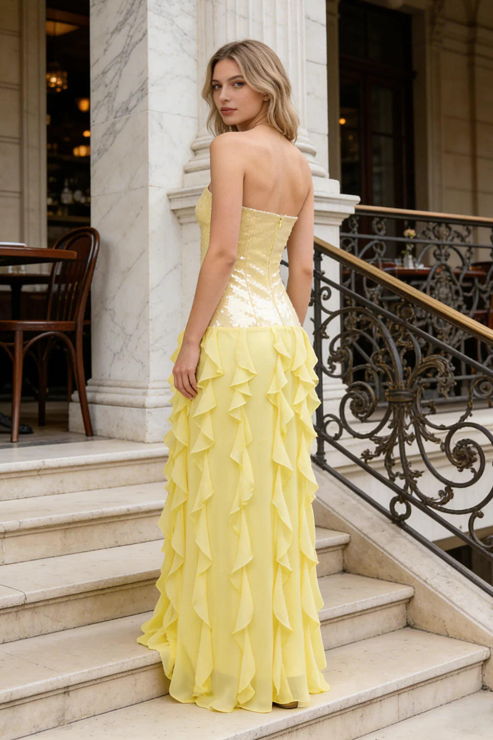 Strapless Sequin-Panel Chiffon High-Slit Dress