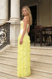 Strapless Sequin-Panel Chiffon High-Slit Dress