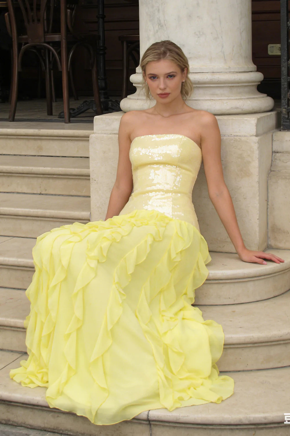 Strapless Sequin-Panel Chiffon High-Slit Dress