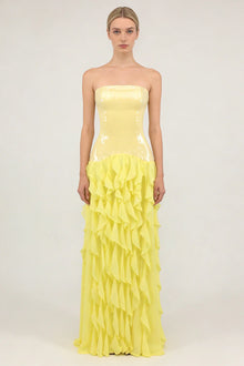 Strapless Sequin-Panel Chiffon High-Slit Dress