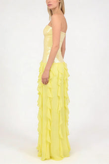Strapless Sequin-Panel Chiffon High-Slit Dress