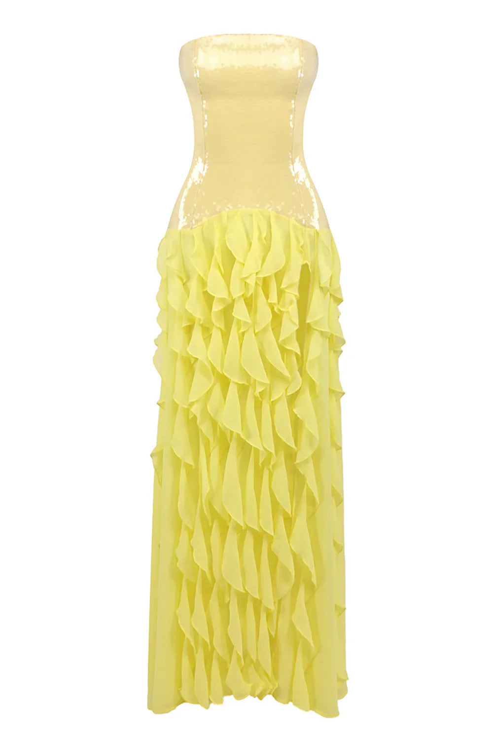 Strapless Sequin-Panel Chiffon High-Slit Dress