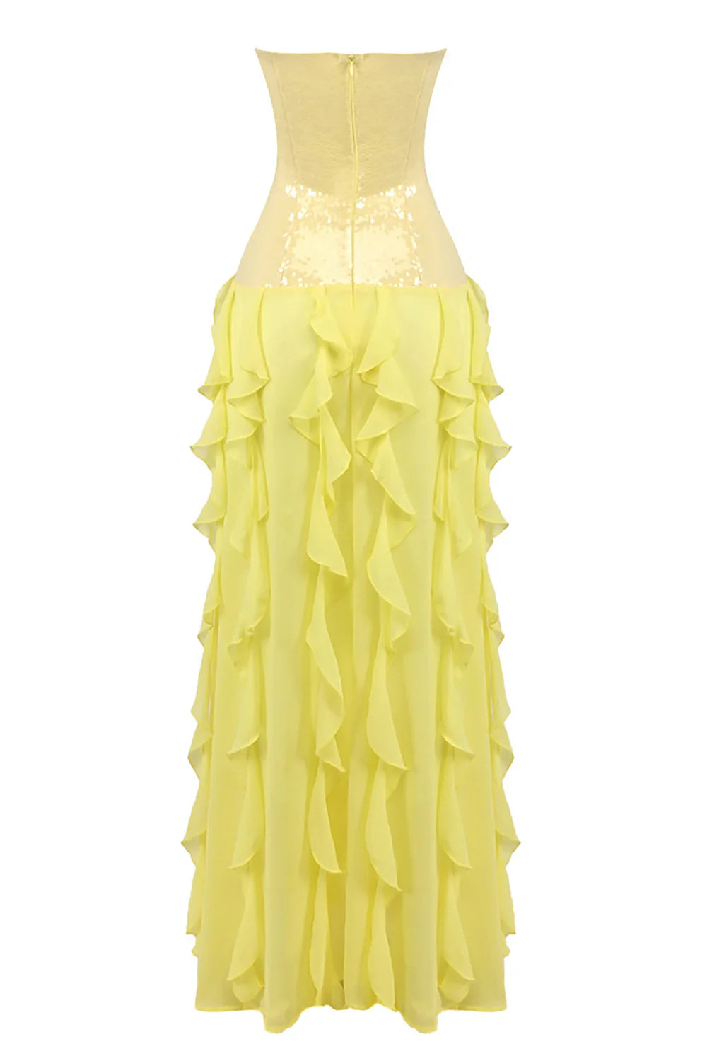 Strapless Sequin-Panel Chiffon High-Slit Dress