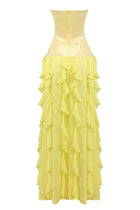 Strapless Sequin-Panel Chiffon High-Slit Dress