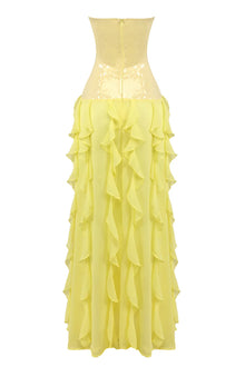 Strapless Sequin-Panel Chiffon High-Slit Dress