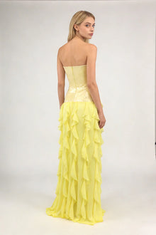 Strapless Sequin-Panel Chiffon High-Slit Dress