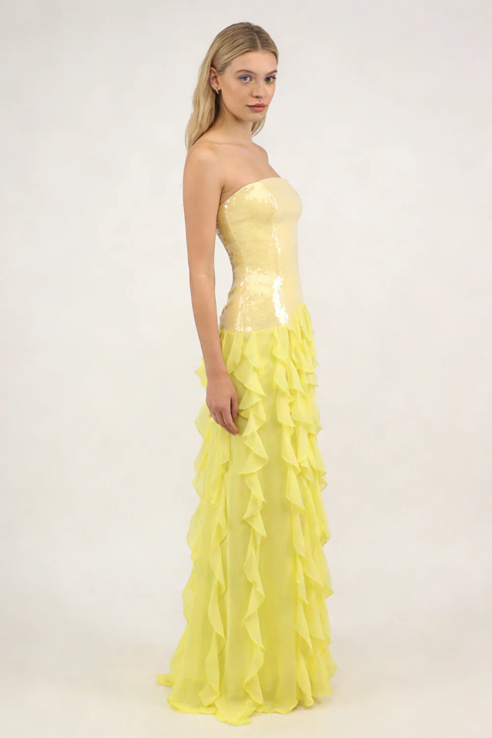 Strapless Sequin-Panel Chiffon High-Slit Dress