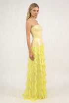 Strapless Sequin-Panel Chiffon High-Slit Dress