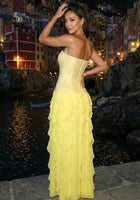 Strapless Sequin-Panel Chiffon High-Slit Dress