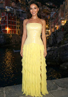 Strapless Sequin-Panel Chiffon High-Slit Dress