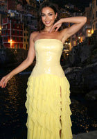 Strapless Sequin-Panel Chiffon High-Slit Dress