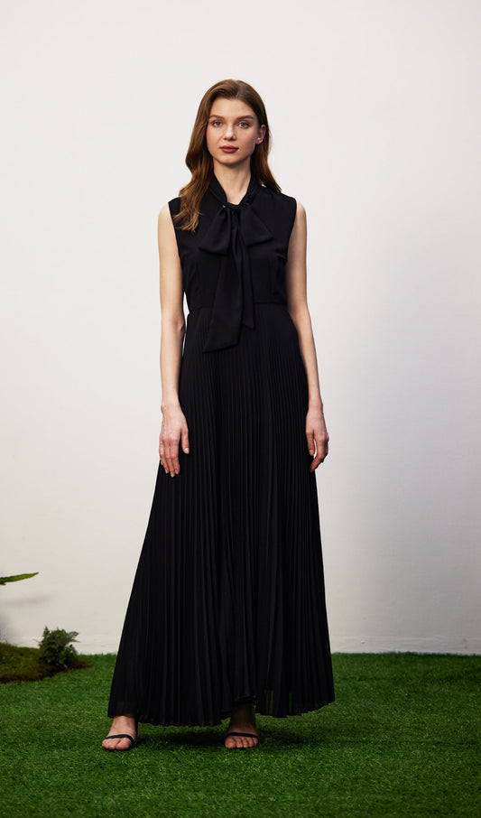 Stretch Knit Pleated Satin Midi Dress