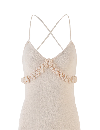 Spaghetti Strap Knit Vacation Dress with 3D Floral Bust Detail