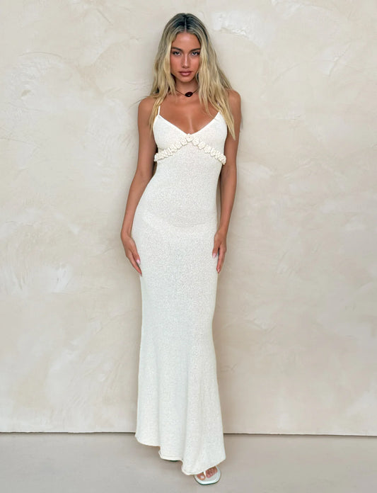 Spaghetti Strap Knit Vacation Dress with 3D Floral Bust Detail