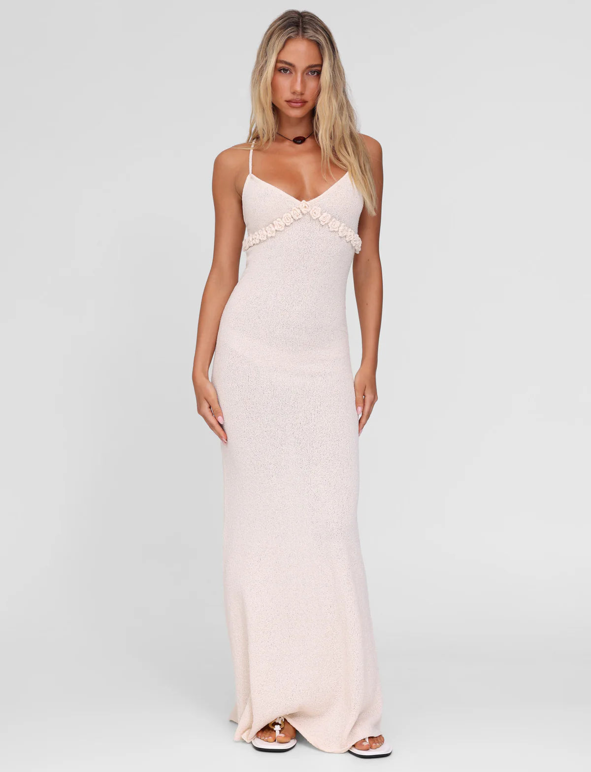 Spaghetti Strap Knit Vacation Dress with 3D Floral Bust Detail