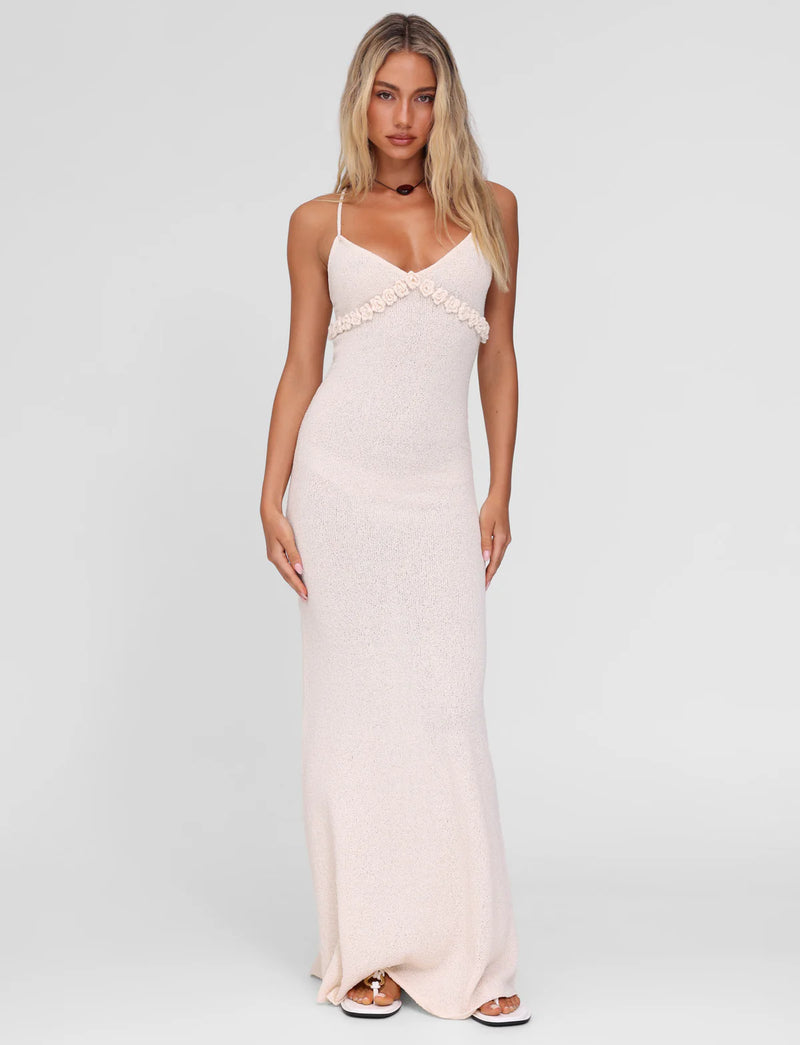 Spaghetti Strap Knit Vacation Dress with 3D Floral Bust Detail