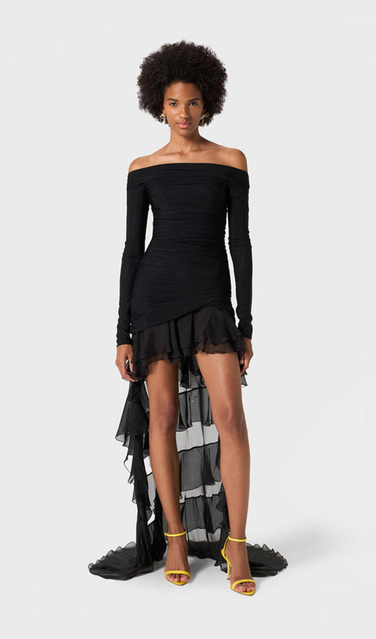 Jersey With Chiffon Train Mini Dress