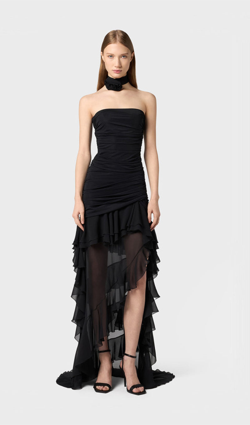 Bustier Chiffon Flounces Midi Dress