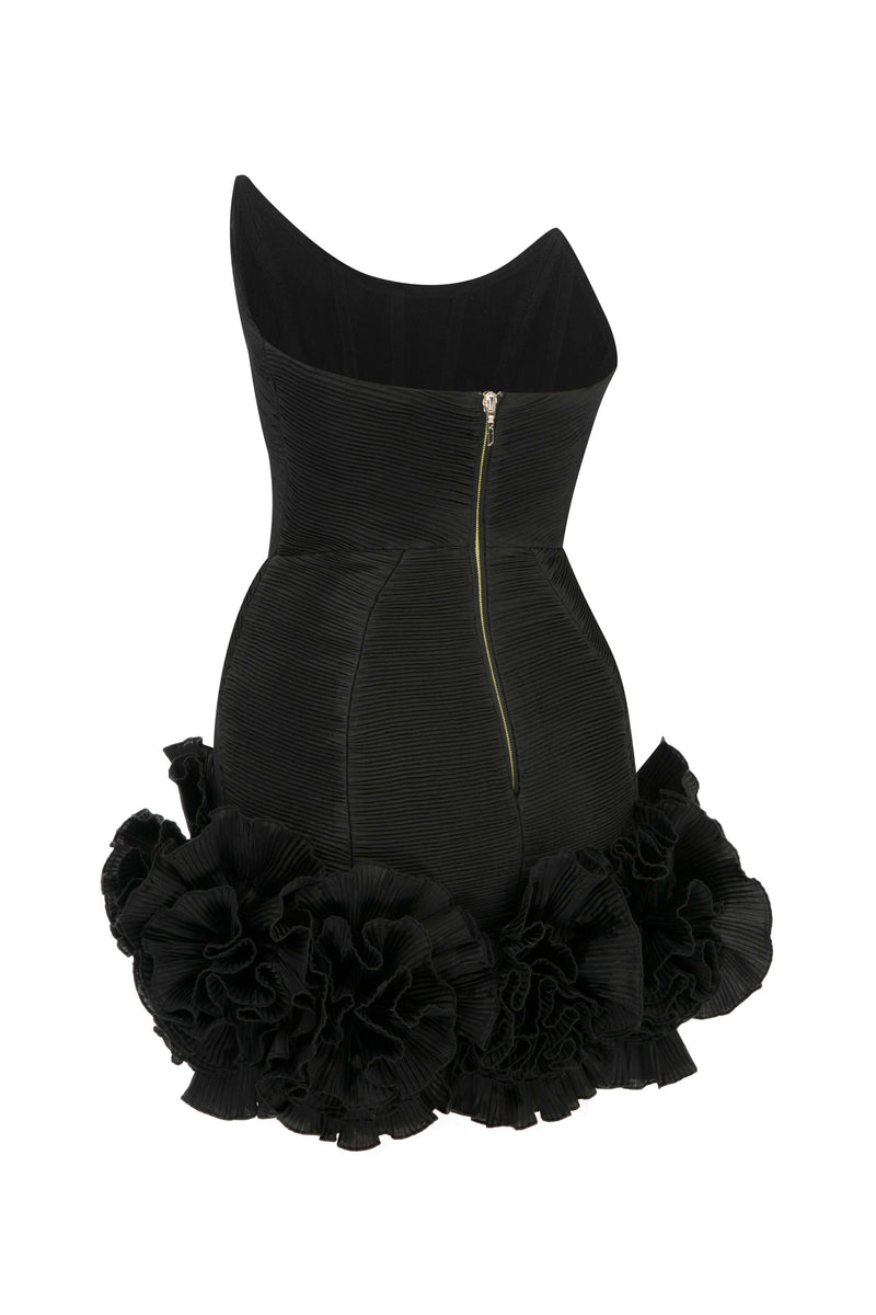 Black Mini Dress With Corset And Flower Details